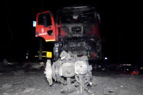 Motor from the Shahed drone near a burnt fire truck