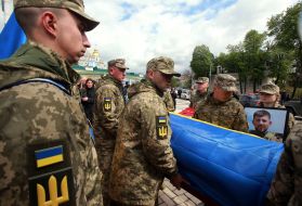 The funeral ceremony of junior sergeant Pavlo Petrichenko near St. Michael's Cathedral in Kyiv