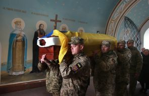 The funeral ceremony of junior sergeant Pavlo Petrichenko near St. Michael's Cathedral in Kyiv