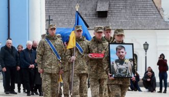 The funeral ceremony of junior sergeant Pavlo Petrichenko near St. Michael's Cathedral in Kyiv
