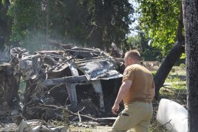 Consequences of enemy shelling with guided aerial bombs in the village of Zolochiv