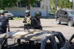 Consequences of enemy shelling with guided aerial bombs in the village of Zolochiv