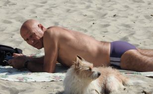A man is sunbathing on the beach of Sunny Lake, a dog is lying next to him