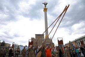 Farewell to the fallen Ukrainian military officer Eduard Khatmullin on Independence Square in Kyiv