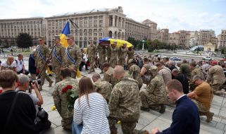 Farewell to the fallen Ukrainian military officer Eduard Khatmullin on Independence Square in Kyiv