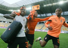 Shakhtar FC footballers rejoice at the victory
