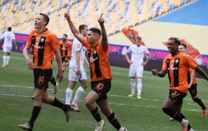 Shakhtar FC football players rejoice at the goal scored