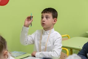 A schoolboy in the first underground school in Ukraine