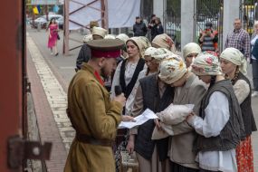 Participants of the performance event for the 80th anniversary of the deportation of the Crimean Tatar people at the railway station in Odessa