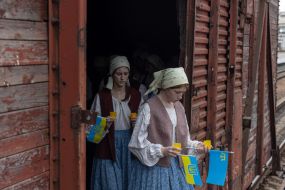 Participants of the performance event for the 80th anniversary of the deportation of the Crimean Tatar people at the railway station in Odessa