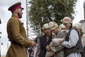 Participants of the performance event for the 80th anniversary of the deportation of the Crimean Tatar people at the railway station in Odessa