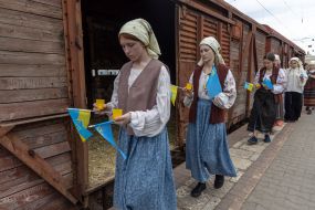 Participants of the performance event for the 80th anniversary of the deportation of the Crimean Tatar people at the railway station in Odessa