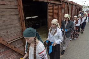 Participants of the performance event for the 80th anniversary of the deportation of the Crimean Tatar people at the railway station in Odessa