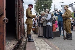 Participants of the performance event for the 80th anniversary of the deportation of the Crimean Tatar people at the railway station in Odessa