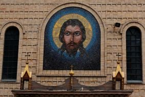 Mosaic image of Jesus Christ on the front wall of St. Michael's Cathedral in Cherkasy