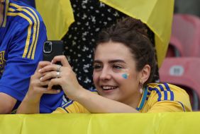 Fan during the match between National team of Ukraine and national team of Belgium