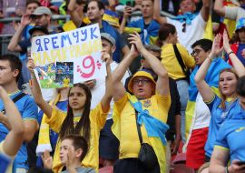 Fans during the match between National team of Ukraine and national team of Belgium