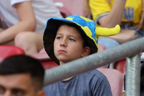 Fan during the match between National team of Ukraine and national team of Belgium