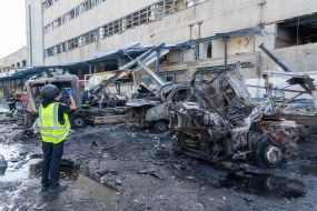 Consequences of a guided aerial bomb attack on the Novaya Poshta terminal in Kharkiv