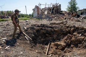 A crater from a Russian aerial bomb in the Kharkov region