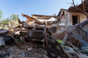 A destroyed house in  Kupyansk