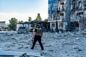 Consequences of a ballistic missile attack on the office of the Swiss Humanitarian Fund for Mine Action FSD in Kharkiv