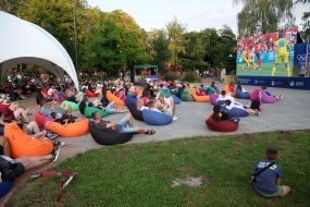 Spectators watch the match of the group stage of the 2024 Olympic Games between the national teams of Ukraine and Morocco in the Olympic fan zone