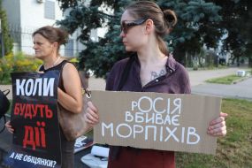 Participants of the reminder action in support of civilians, prisoners of war, dead and missing "When will we see them?" near the Russian Embassy in Kyiv