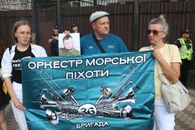 Participants of the reminder action in support of civilians, prisoners of war, dead and missing "When will we see them?" near the Russian Embassy in Kyiv