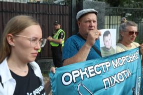 Participants of the reminder action in support of civilians, prisoners of war, dead and missing "When will we see them?" near the Russian Embassy in Kyiv