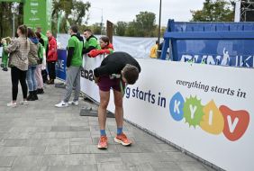 The participant of the charity race is resting