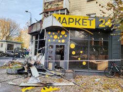 A food market in Kyiv destroyed after the debris of a downed drone fell