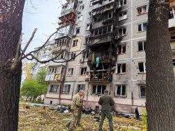 A part of a residential building in the Solomyanskyi district in Kyiv burned down as a result of being hit by a shaheed