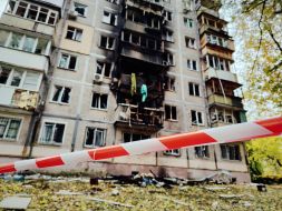 A part of a residential building in the Solomyanskyi district in Kyiv burned down as a result of being hit by a shaheed