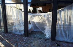 Destruction after drone debris falls in Solomianskyi district of Kyiv