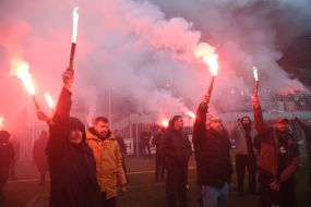 Ultras of FC "Obolon-Brovar" lit fireworks at the farewell ceremony for Senior Lieutenant Pavlo Vedibida