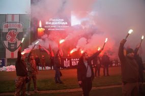 Ultras of FC "Obolon-Brovar" lit fireworks at the farewell ceremony for Senior Lieutenant Pavlo Vedibida