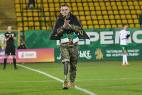 Ukrainian Armed Forces serviceman Oleg Slyvar performs the first symbolic strike