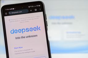 The logo of the artificial intelligence service DeepSeek on a mobile phone screen