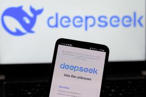 The logo of the artificial intelligence service DeepSeek on a mobile phone screen