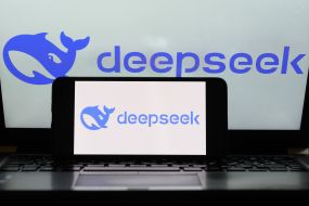 The logo of the artificial intelligence service DeepSeek on a mobile phone screen