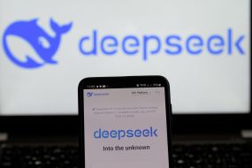 The logo of the artificial intelligence service DeepSeek on a mobile phone screen