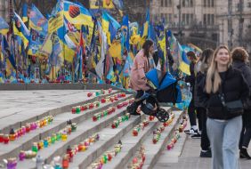 Lanterns on the steps near the makeshift memorial "Lawn of National Memory" in Kyiv