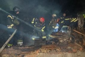 A rescuers during the elimination of the consequences of the arrival of one of the Russian Geran-2 strike drones