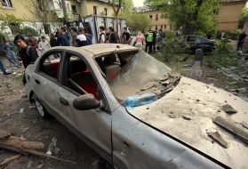 A car destroyed after a massive Russian attack on Kyiv