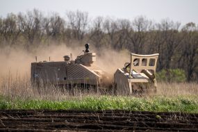 The GSC-200 mine clearing vehicle operates in the field under the control of an operator of the explosives service detachment of the National Police of Ukraine