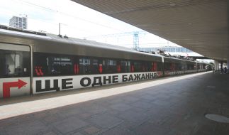 Installation on the carriages of the Intercity train by American artist Barbara Kruger at the Central Station in Kyiv