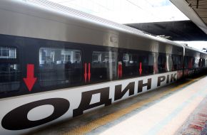Installation on the carriages of the Intercity train by American artist Barbara Kruger at the Central Station in Kyiv
