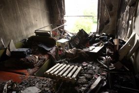 Destruction in an apartment after a suicide bomber struck a residential building in the Obolonskyi district of Kyiv
