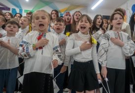 Schoolchildren during the Last Bell Festival in one of the underground educational institutions in Kharkiv